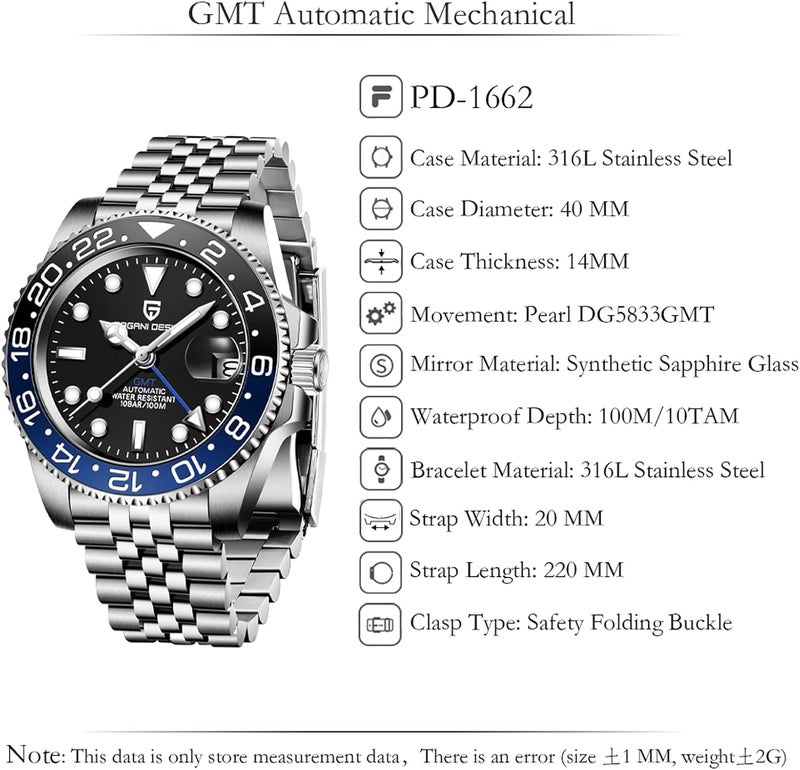 PAGANI DESIGN ساعة باجاني ديزاين GMT الأوتوماتيكية للرجال - 40MM تناظرية تاريخ، 100M مقاومة للماء ساعة ميكانيكية معصمية PD-1662 (أسود أزرق) - Image 2